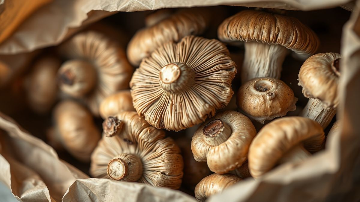 Close-up dos cogumelos frescos armazenados dentro do saco de papel pardo, destacando sua textura e cor