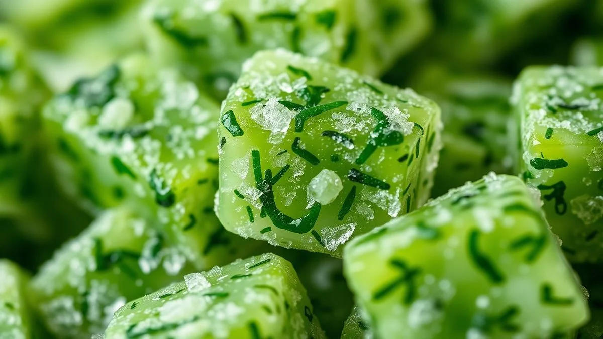 Close-up dos cubos bem verdes com textura brilhante (versão com azeite), prontos para temperar