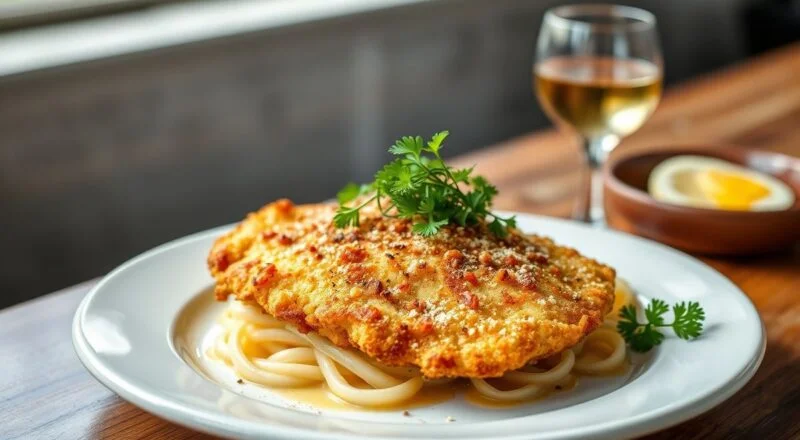 Escalope de vitela bem fino, com crosta dourada e crocante, servido com fatias de limão e salsinha, aparência de prato de restaurante