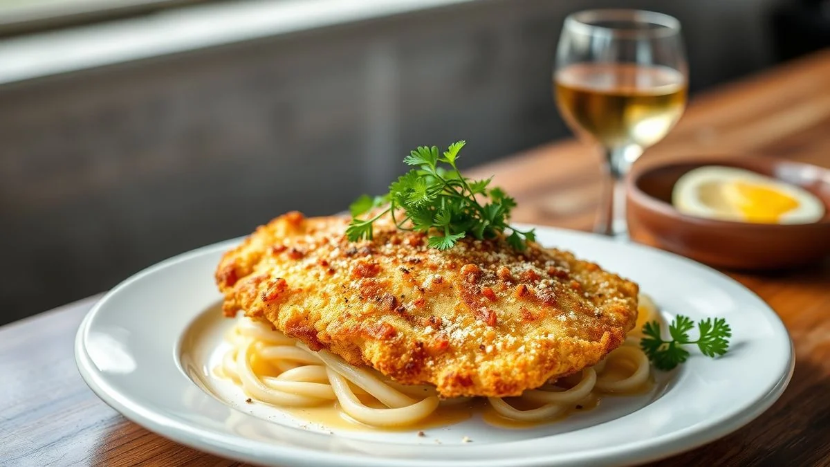 Escalope fino de vitela empanado dourado e crocante, servido com limão e ervas, com interior macio e suculento