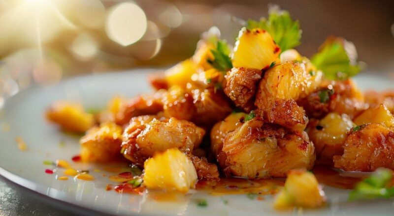 Prato de frango frito dourado com pedaços de abacaxi e legumes em molho agridoce, servido em tigela elegante.