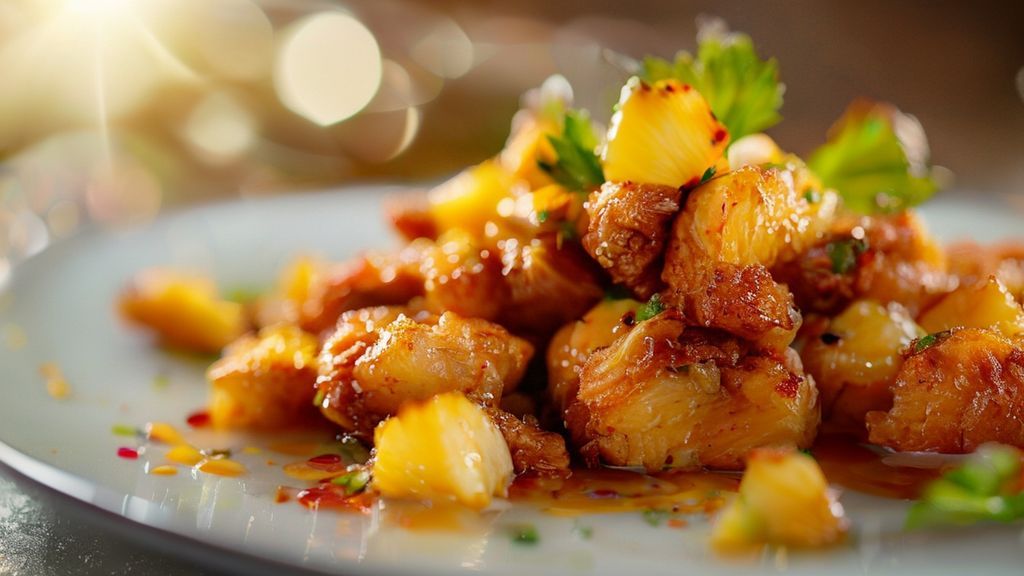 Prato de frango frito com abacaxi e molho agridoce, crocante e dourado, servido com legumes coloridos.