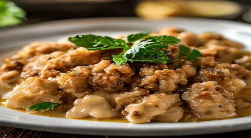 Prato de fricassê de carne moída cremoso gratinado com queijo derretido e batata-palha dourada servido ainda quente