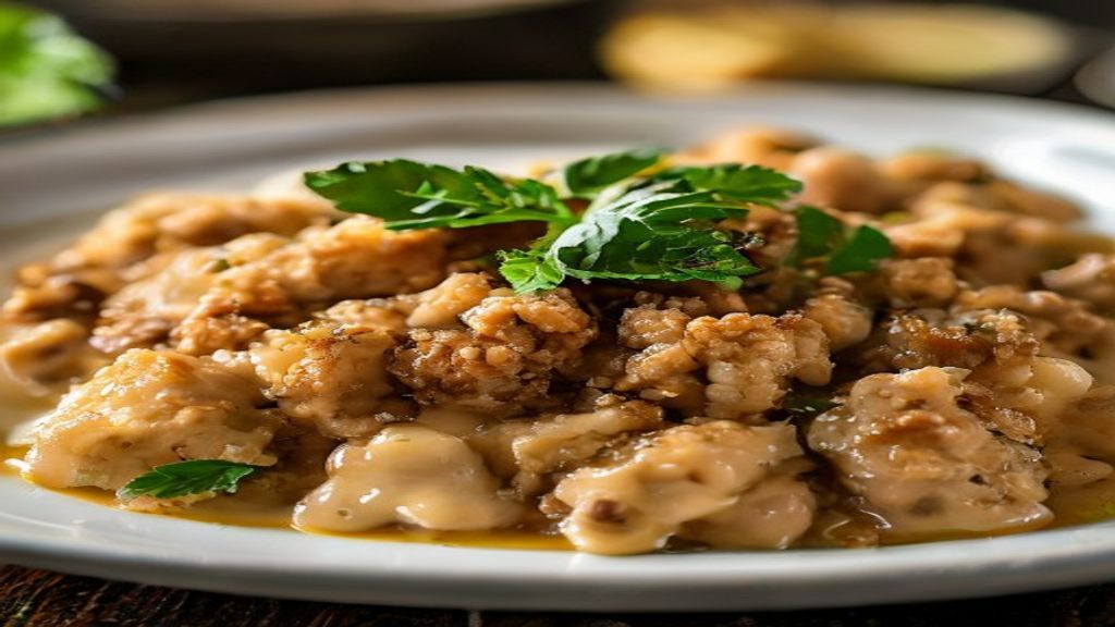 Fricassê de carne moída cremoso gratinado com queijo e batata-palha, servido quente e apetitoso em prato de porcelana branca.