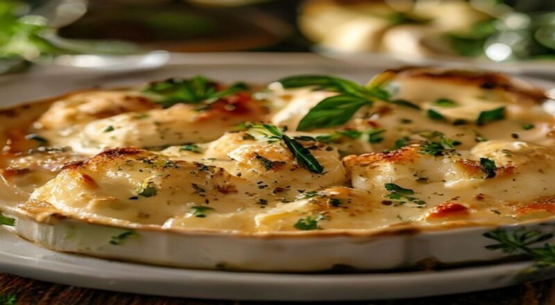 Gratinado de frango cremoso dourado, com queijos derretidos e batatas crocantes por cima, servido em refratário branco.