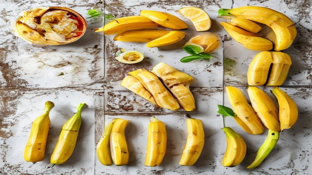Visão de cima com bananas, manteiga, açúcar mascavo, rum e canela organizados em uma bancada de madeira.