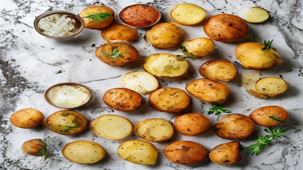 Ingredientes frescos e temperos da batata rústica organizados em uma bancada de madeira