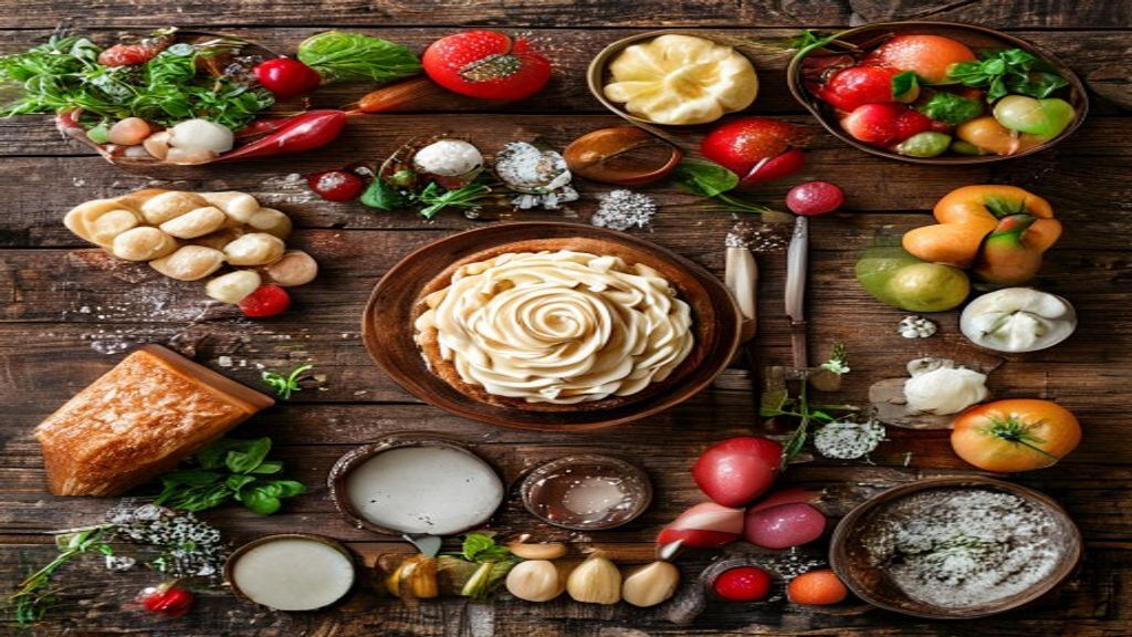 Visão de cima dos ingredientes do bolo dispostos com organização sobre bancada de madeira rústica