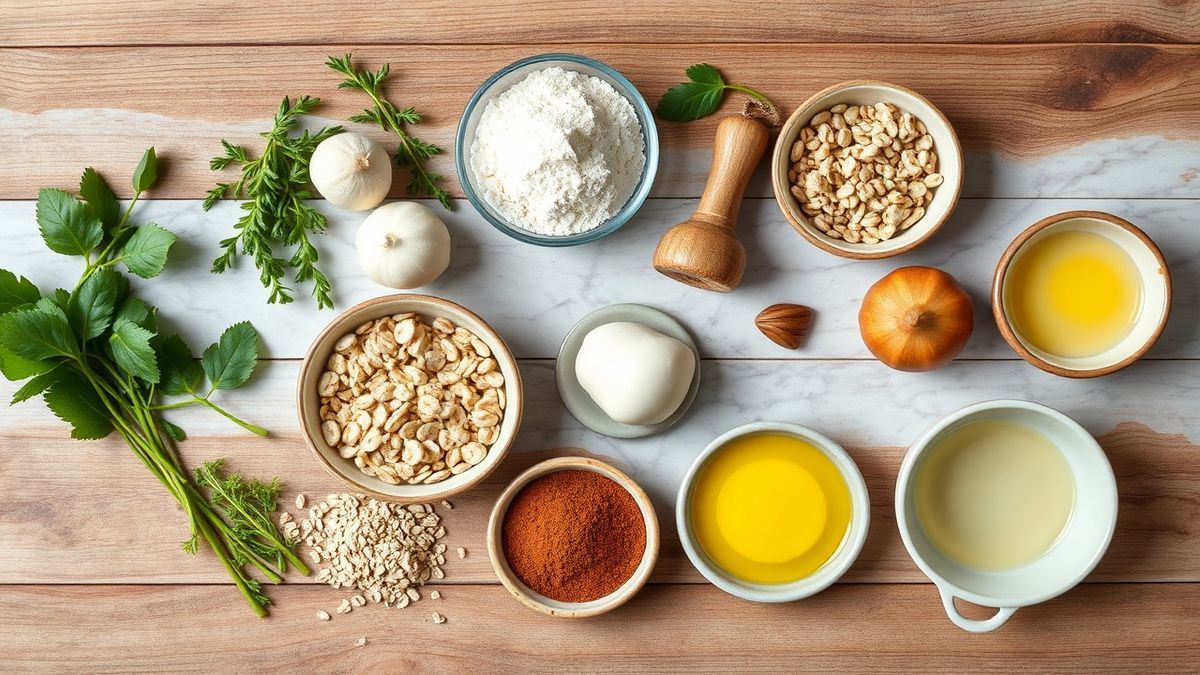 Visão de cima com bananas bem maduras, aveia, ovos, canela, leite, óleo e fermento organizados em uma bancada