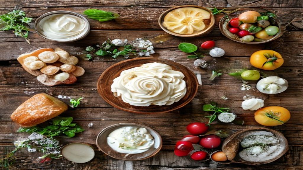 Visão de cima com ovos, iogurte, farinha, açúcar e óleo organizados sobre bancada de madeira