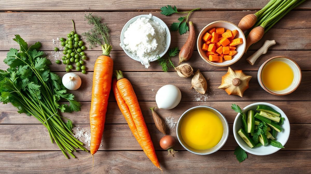 Visão de cima dos ingredientes do bolo de cenoura e chocolate organizados em uma bancada de madeira