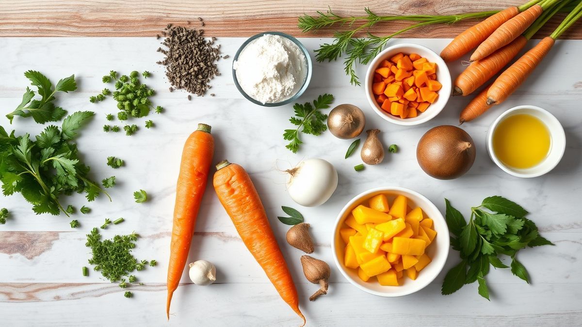 Visão de cima com cenouras, ovos, farinha, açúcar, óleo e chocolate em pó organizados em uma bancada