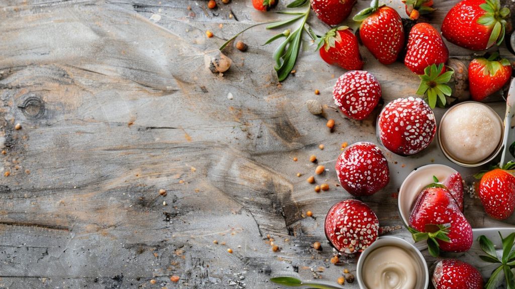 Ingredientes dispostos sobre uma bancada: morangos frescos, chocolate, leite condensado e creme de leite prontos para preparo