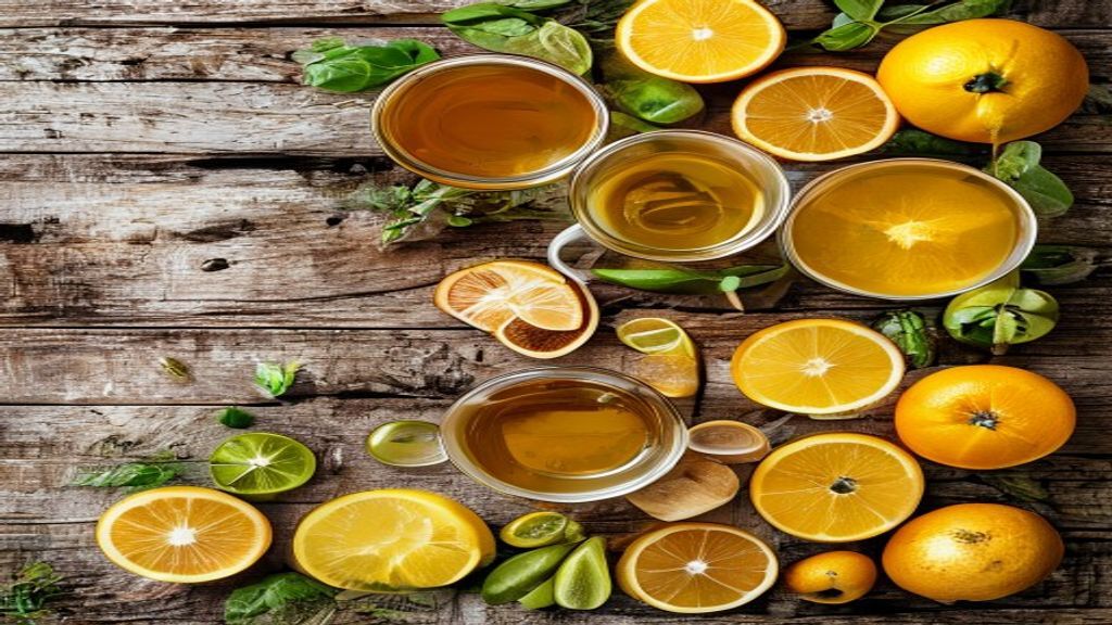 Visão de cima com frutas cítricas fatiadas, gengibre, mel e hortelã organizados em uma bancada de madeira