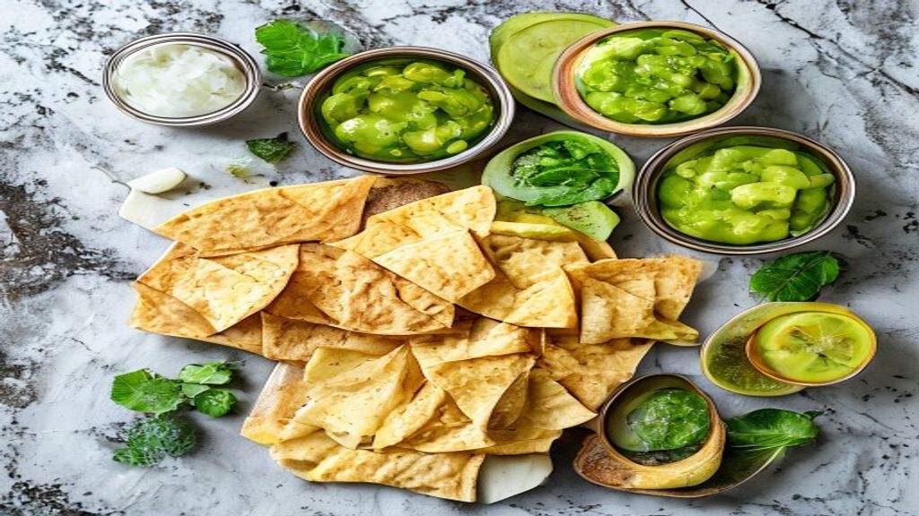 Visão de cima com bananas-da-terra, abacate e temperos organizados sobre bancada de madeira