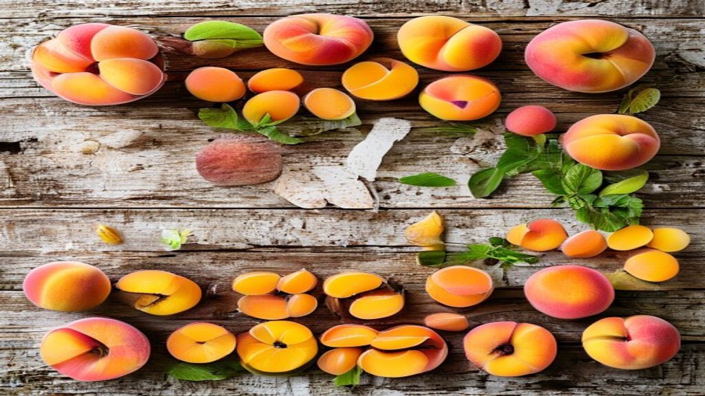 Visão de cima com pêssegos frescos, açúcar, limão e especiarias organizados em uma bancada de madeira