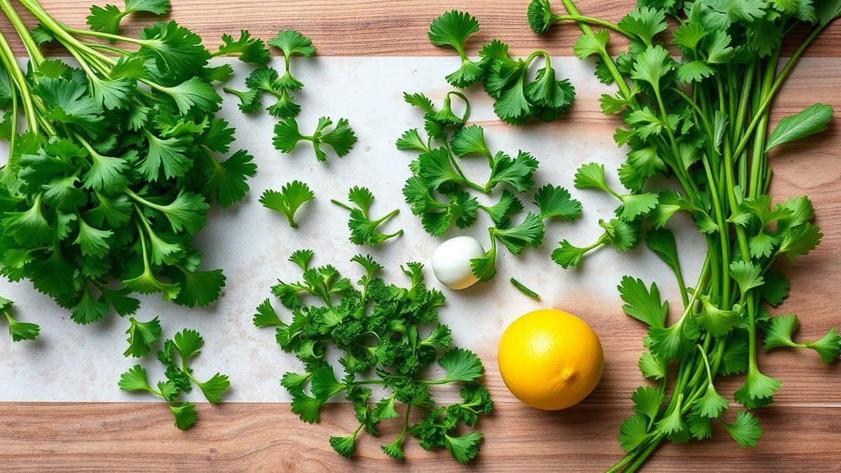 Visão de cima com salsinha, coentro, azeite, forma de gelo, papel-toalha e saco zip organizados em uma bancada