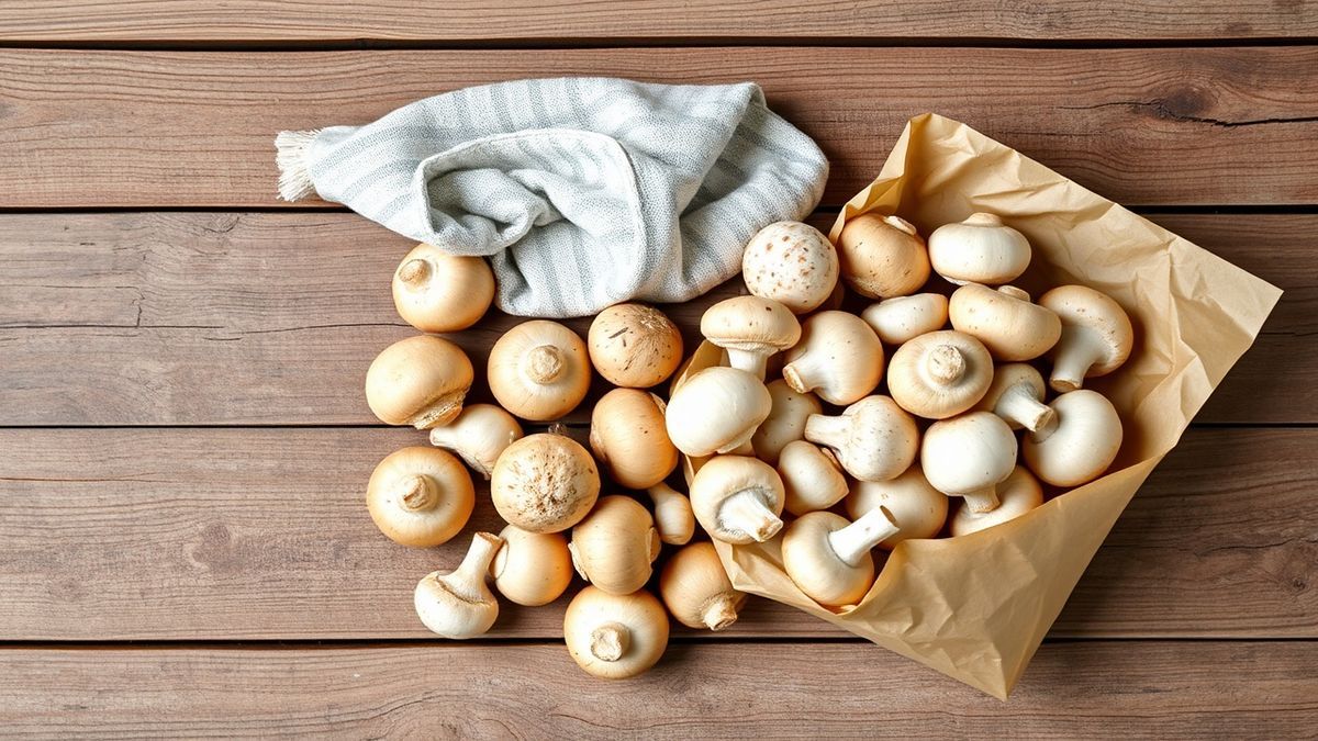 Visão de cima com cogumelos frescos, saco de papel pardo e pano de cozinha organizados em uma bancada