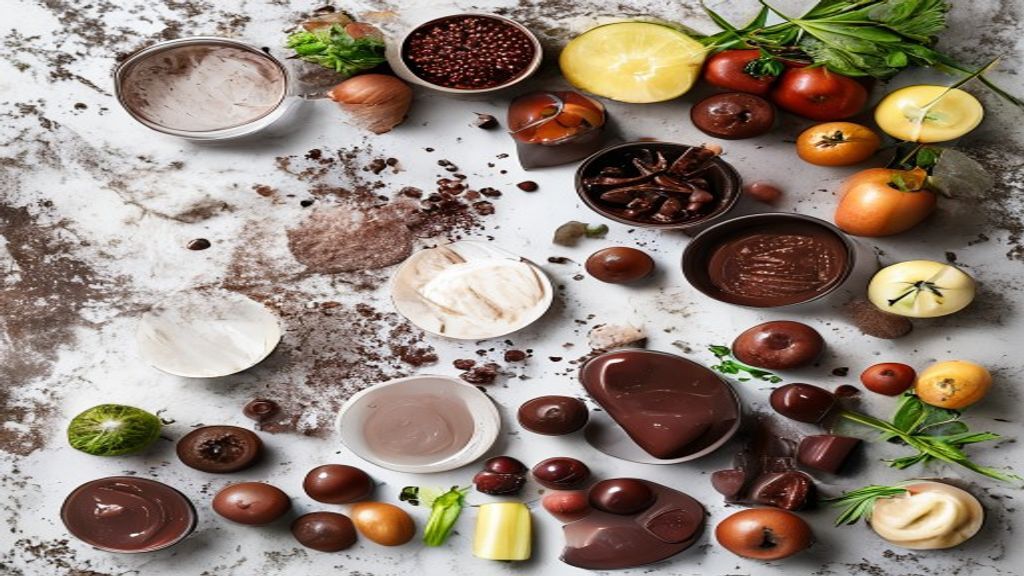 Visão de cima com os ingredientes da receita organizados em uma bancada