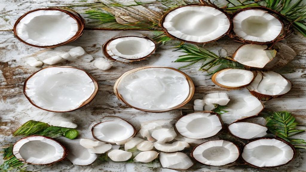 Visão de cima com coco ralado, açúcar, água de coco e manteiga organizados em bancada de madeira