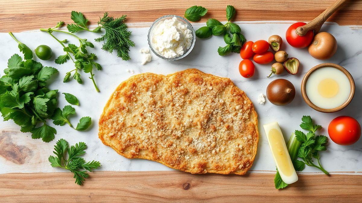 Visão de cima com vitela em bifes finos, farinha, ovos, panko/farinha de rosca, manteiga, azeite, limão e temperos organizados na bancada