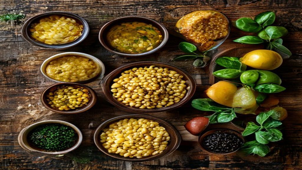 Vista de cima com feijão, temperos e ingredientes frescos dispostos em bancada de madeira