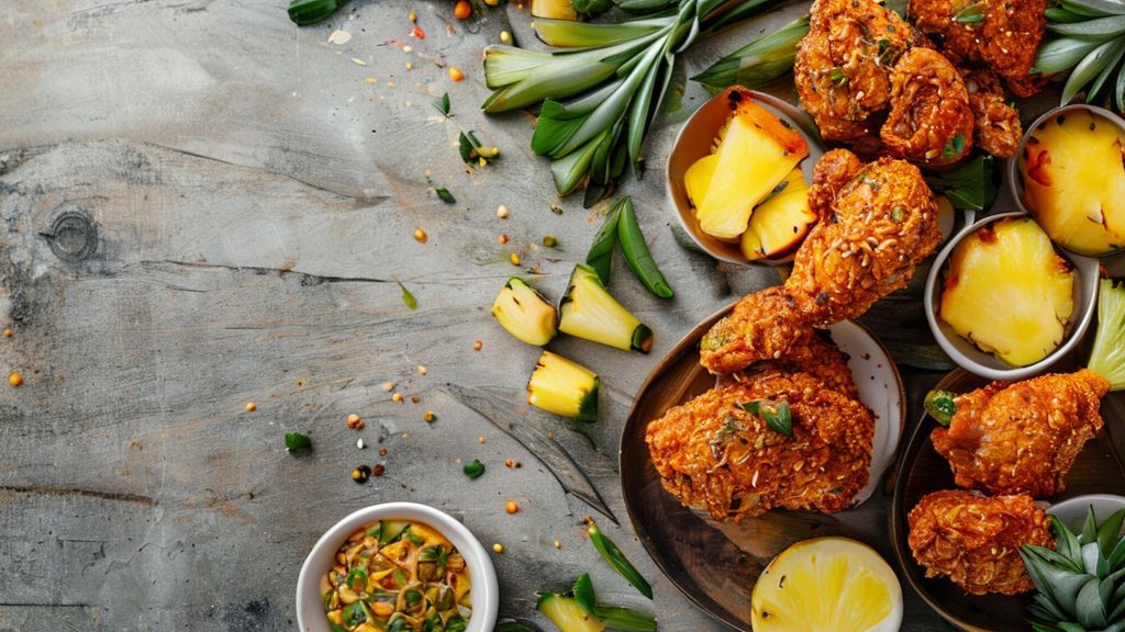Ingredientes separados e organizados para preparar o frango frito com abacaxi em bancada rústica.