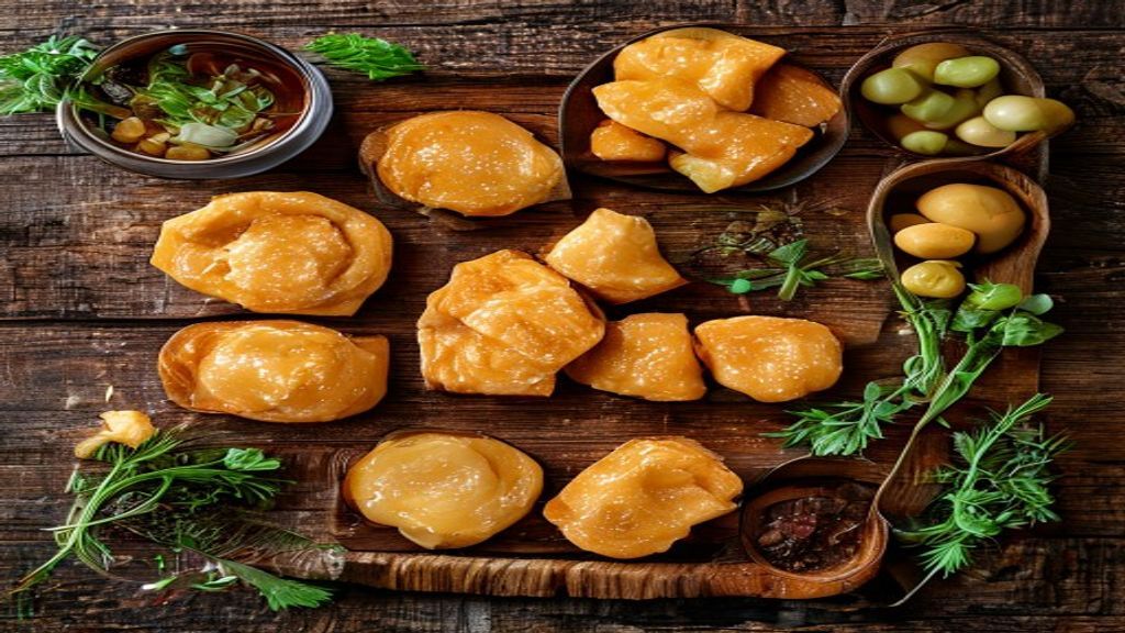 Visão de cima mostrando farinha, vinagre, ovo, água e sal organizados em uma bancada de madeira