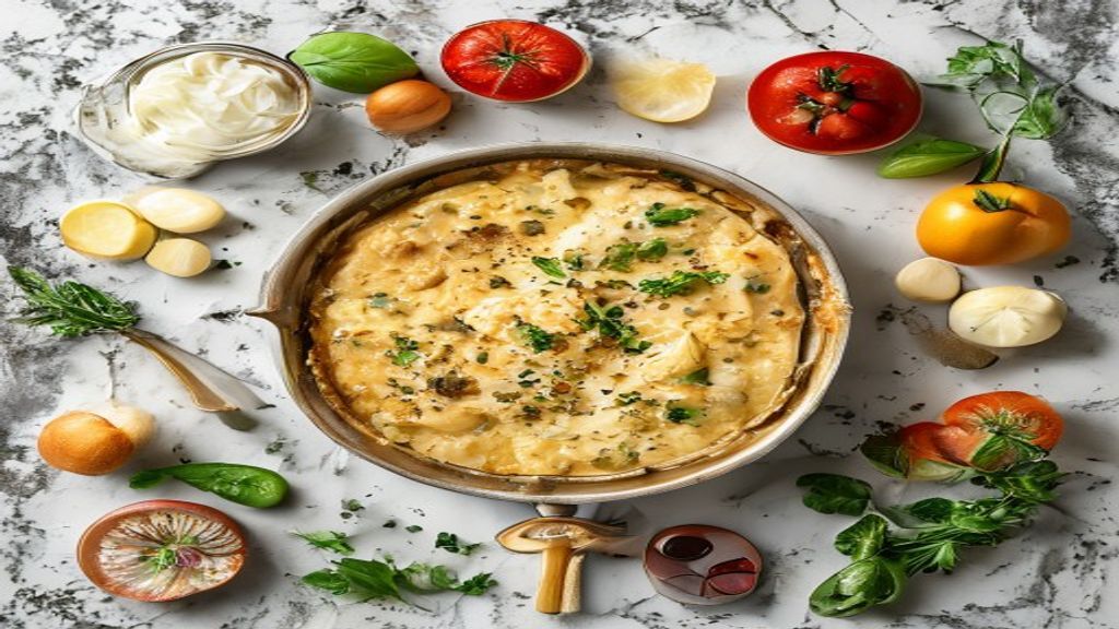 Visão de cima com os ingredientes do gratinado de frango cremoso organizados em uma bancada de madeira.
