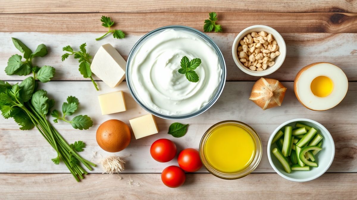 Visão de cima com leite, iogurte natural com culturas ativas e utensílios (peneira/pano) organizados na bancada.