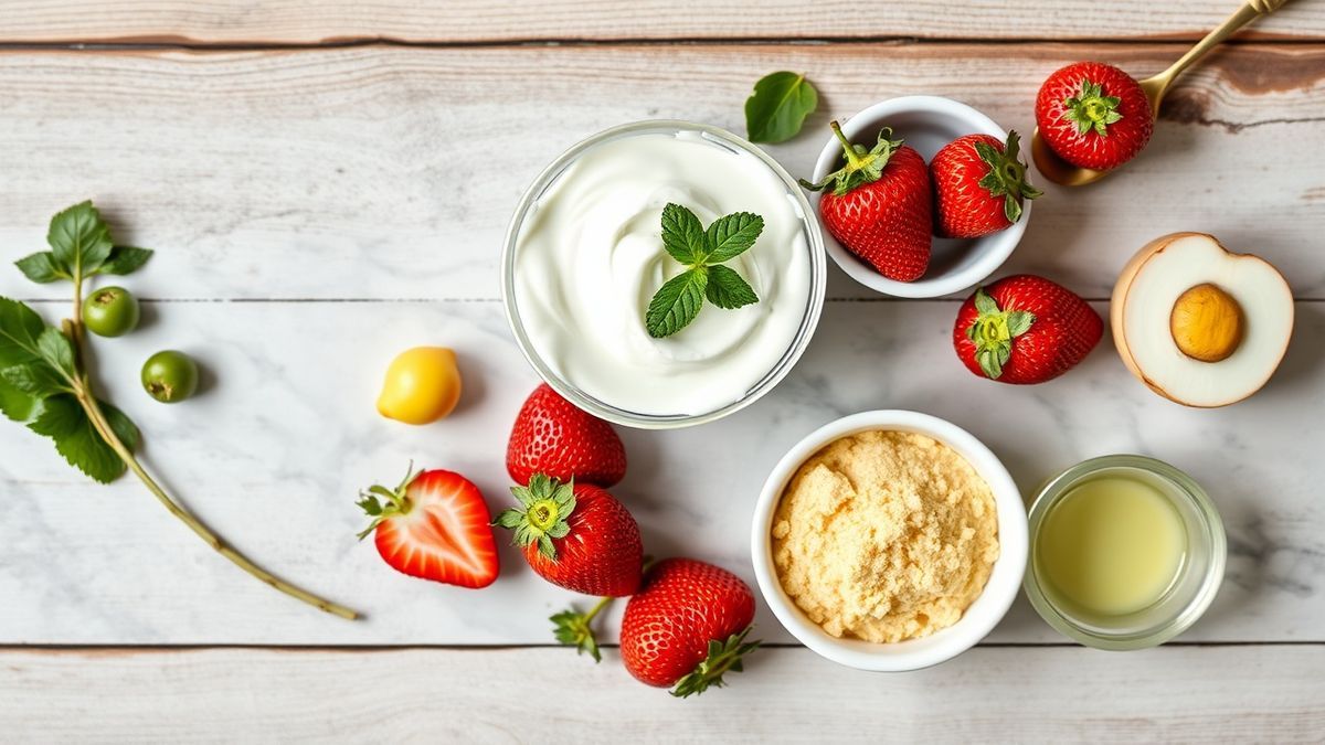 Visão de cima com leite integral, iogurte com culturas vivas, morangos e opcionais (mel, limão, leite em pó) organizados