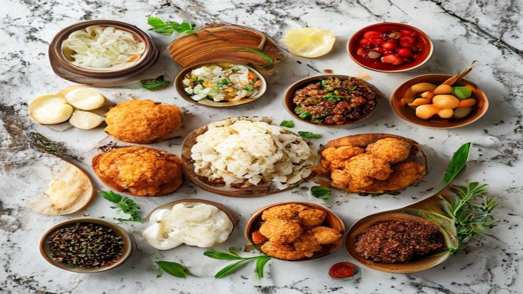 Visão de cima com carne moída, trigo para kibe, hortelã, cebola, alho e temperos organizados na bancada