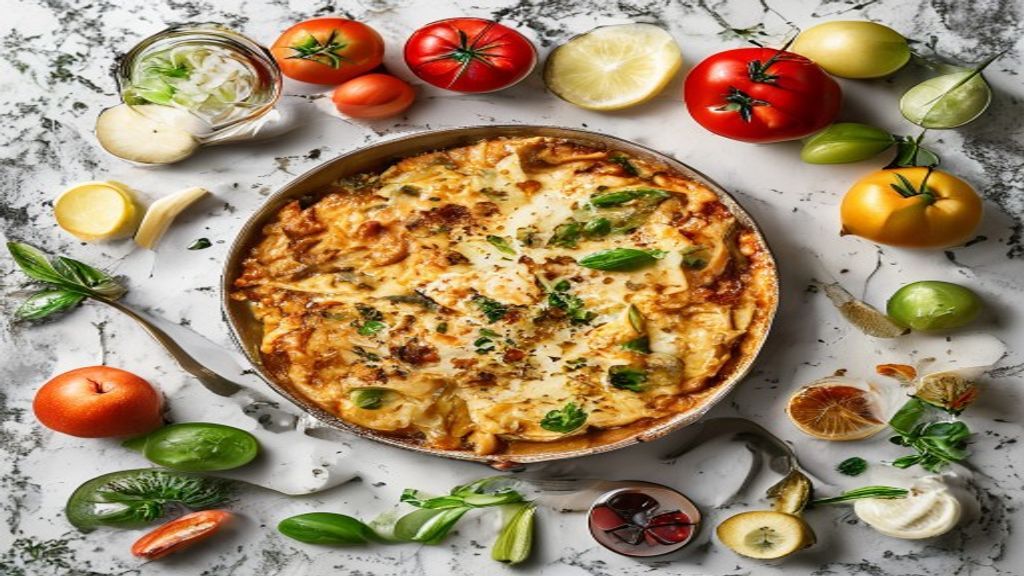 Visão de cima mostrando carne moída, massa de lasanha, queijos, pimentões e molho de tomate organizados na bancada