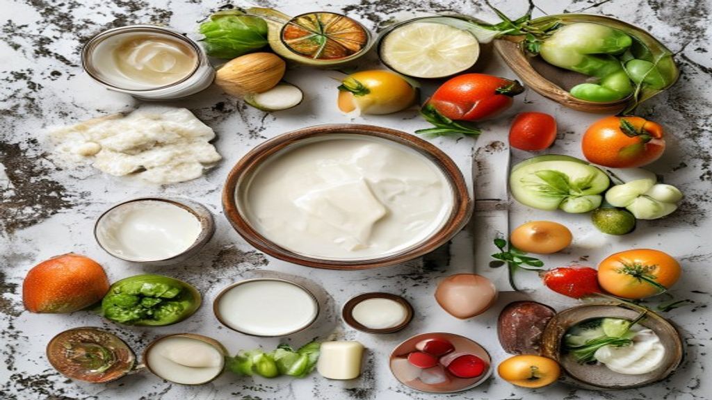 Visão de cima dos ingredientes — leite em pó, açúcar e água quente — organizados em uma bancada de mármore