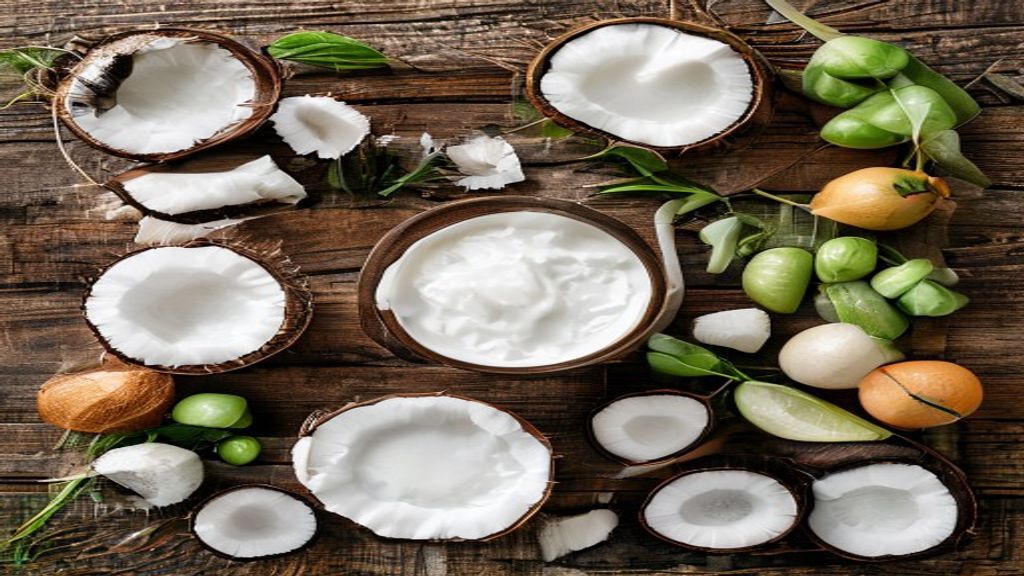 Visão de cima com coco fresco ralado, água filtrada e pano de algodão dispostos sobre bancada rústica