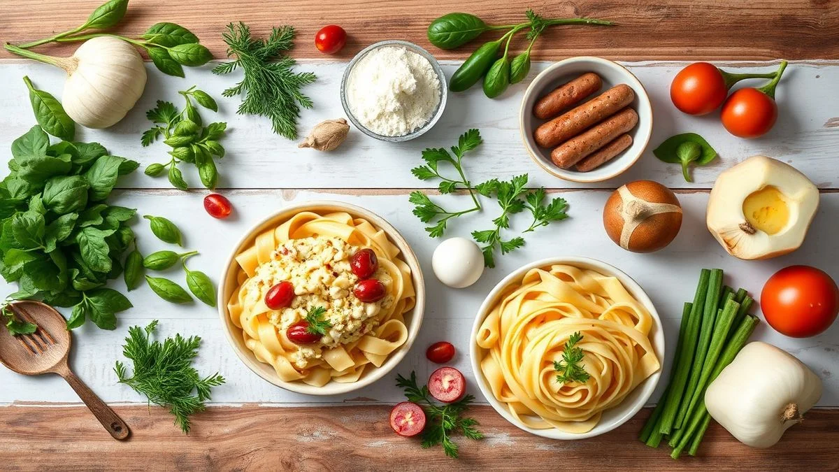 Visão de cima com macarrão, calabresa, leite, farinha, manteiga/margarina, creme de leite, muçarela, tomate, cebola, alho e pimentão organizados na bancada