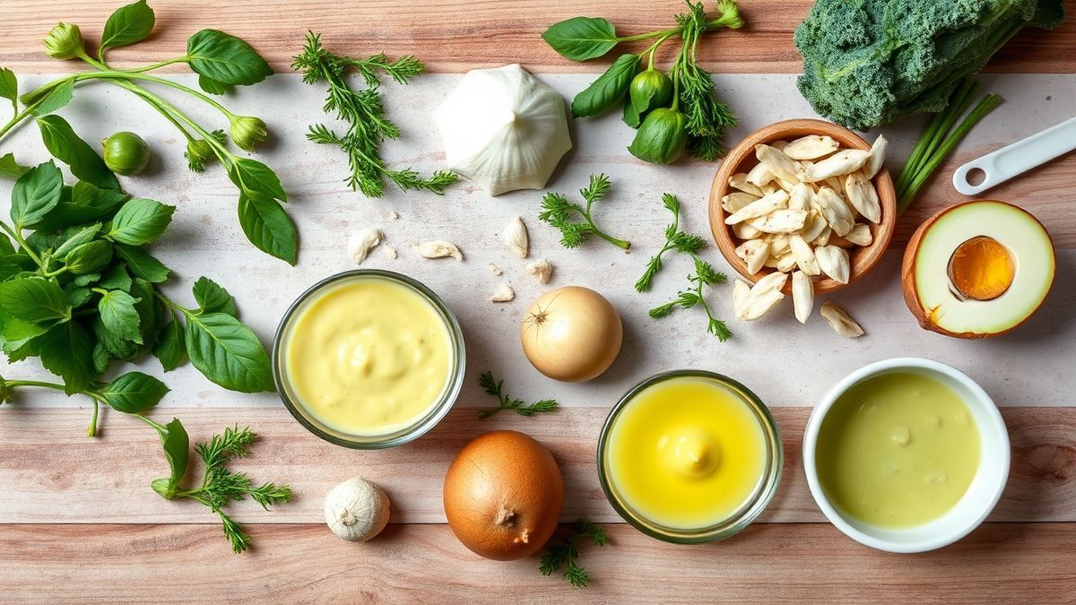 Visão de cima com ovo, óleo, limão, alho, mostarda e ervas organizados em uma bancada
