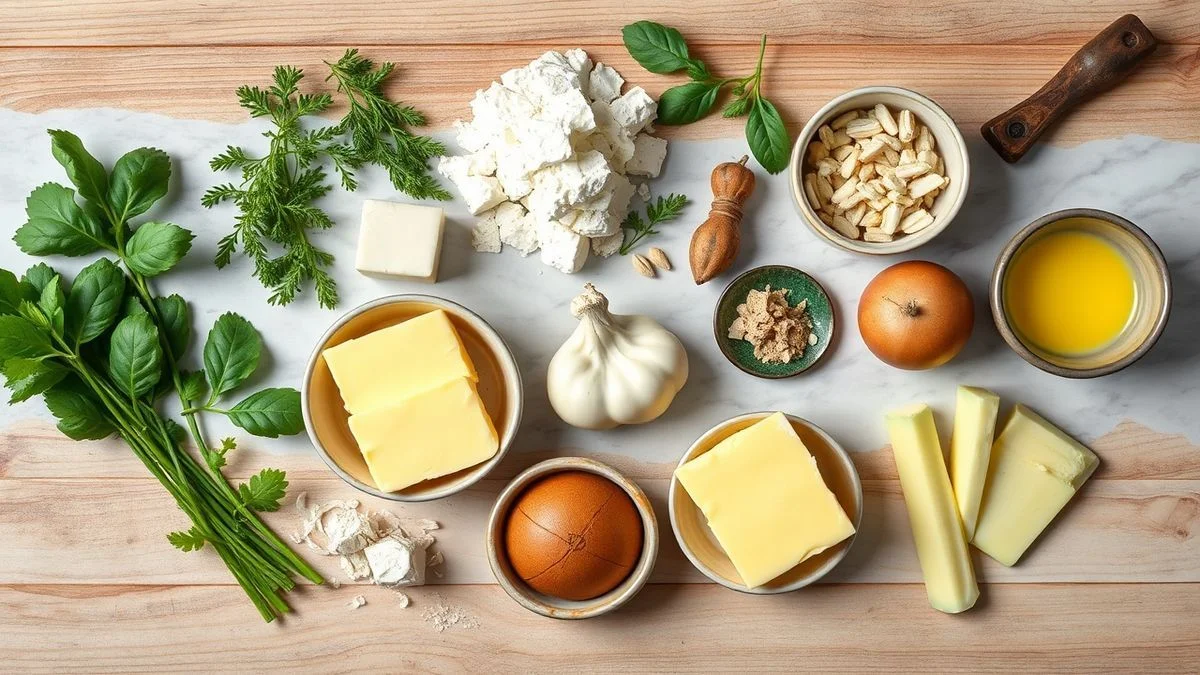 Visão de cima com creme de leite fresco, sal e água com gelo organizados em uma bancada clara