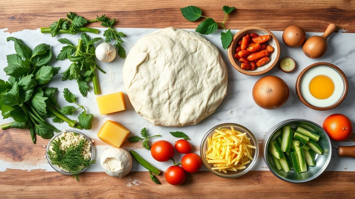 Visão de cima com farinha, manteiga em cubos, banha, ovos, sal, água gelada e vinagre organizados em uma bancada