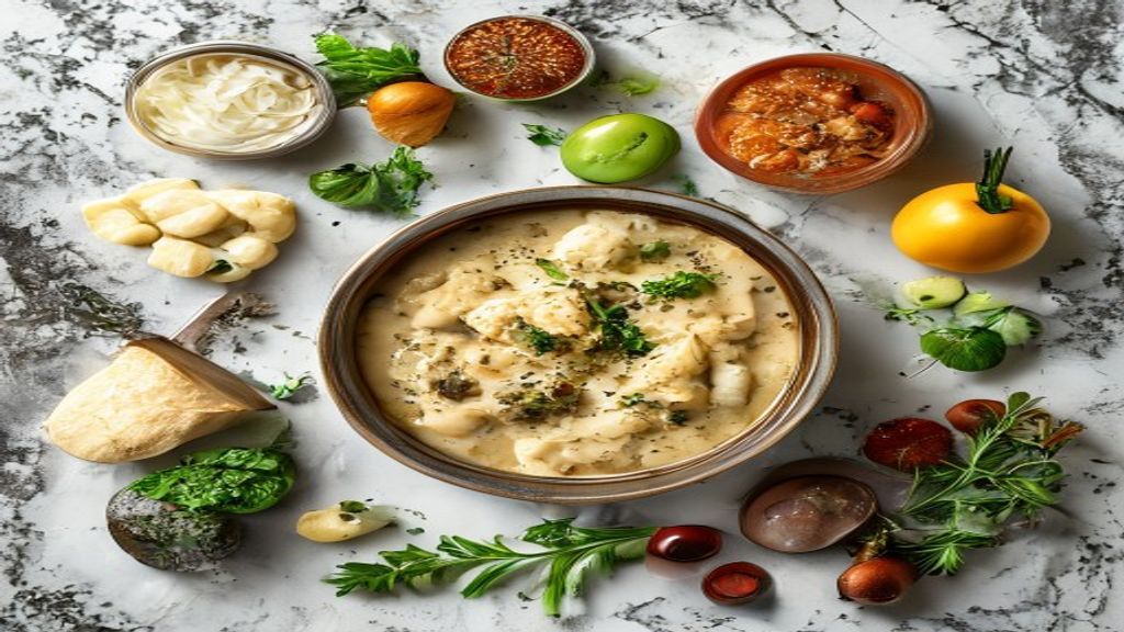 Visão de cima mostrando as moelas e os demais ingredientes organizados sobre uma mesa rústica.