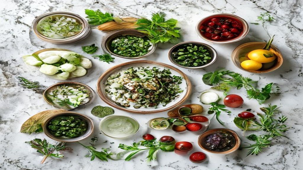 Visão de cima com salsinha, alho, orégano, azeite e vinagre organizados em uma bancada de madeira