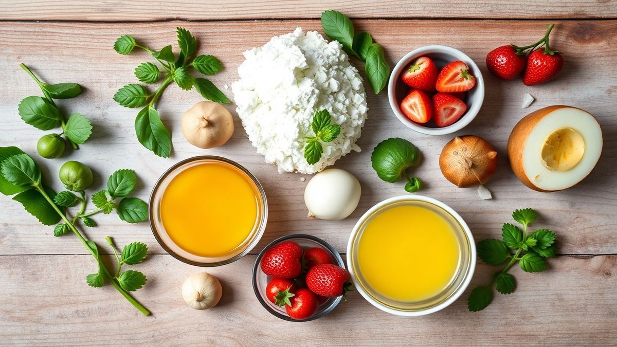 Visão de cima com creme de leite, leite condensado, gelatina saborizada e água quente organizados na bancada