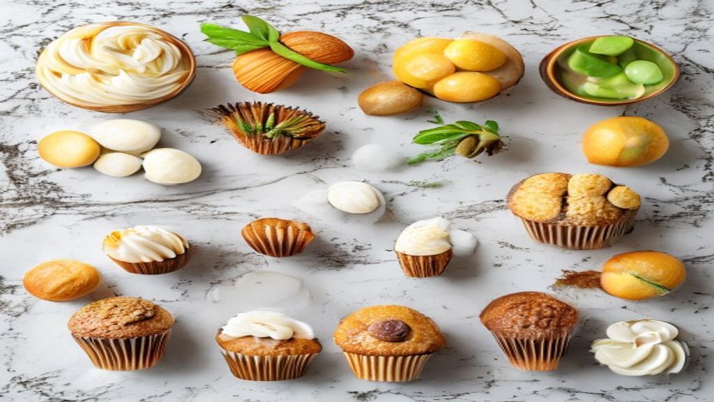 Visão de cima com farinha, ovos, leite, açúcar e baunilha dispostos em tigelas sobre bancada rústica