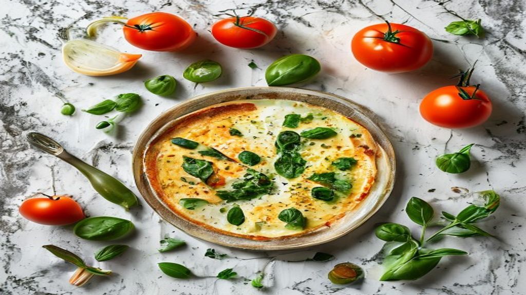 Ingredientes frescos separados sobre superfície de madeira — ovos, espinafre, tomate, cebola, azeite e temperos.