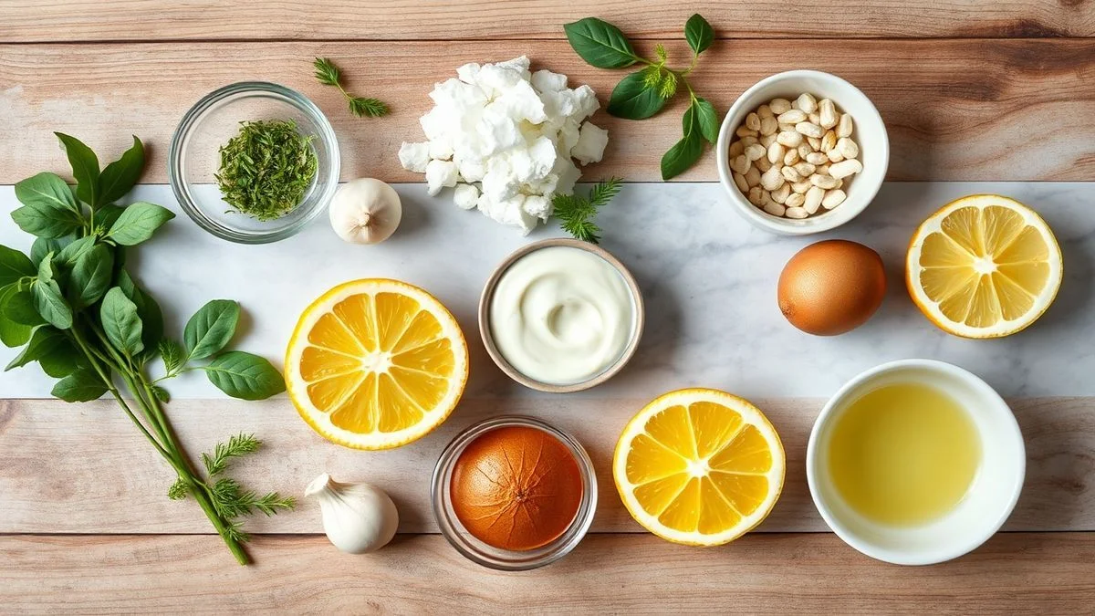 Visão de cima com creme de leite, leite, açúcar, limões-sicilianos (raspas e suco), gelatina e baunilha organizados na bancada
