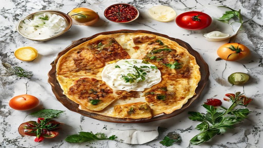 Visão de cima com todos os ingredientes da panqueca organizados em bancada de madeira