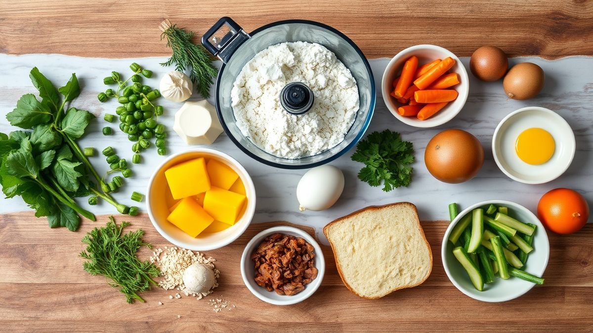 Visão de cima com ovos, leite morno, farinha, fermento, açúcar, sal e óleo organizados em uma bancada