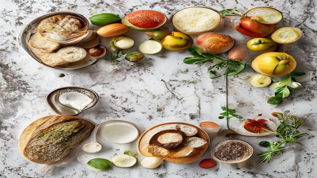 Visão de cima com leite, ovos, farinha e fermento organizados em bancada de madeira