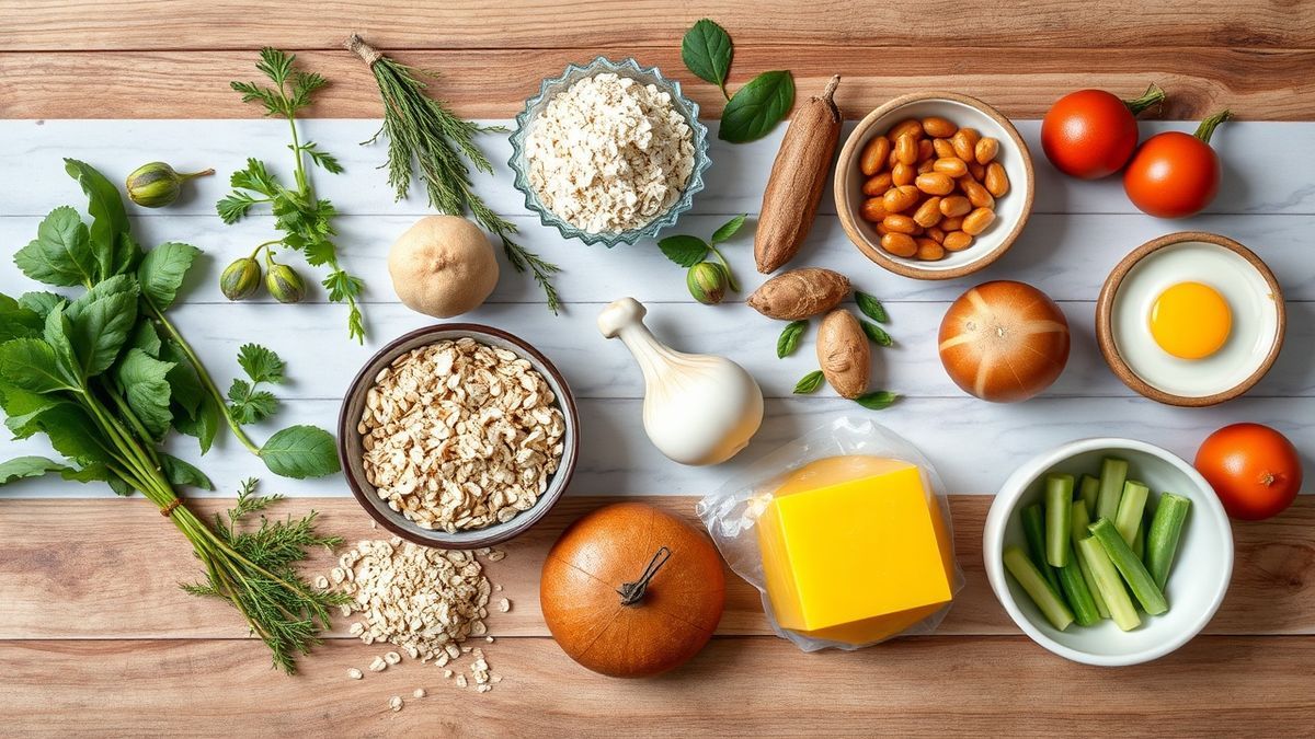 Visão de cima com aveia, ovo, iogurte, fermento, sal e opcionais organizados em uma bancada