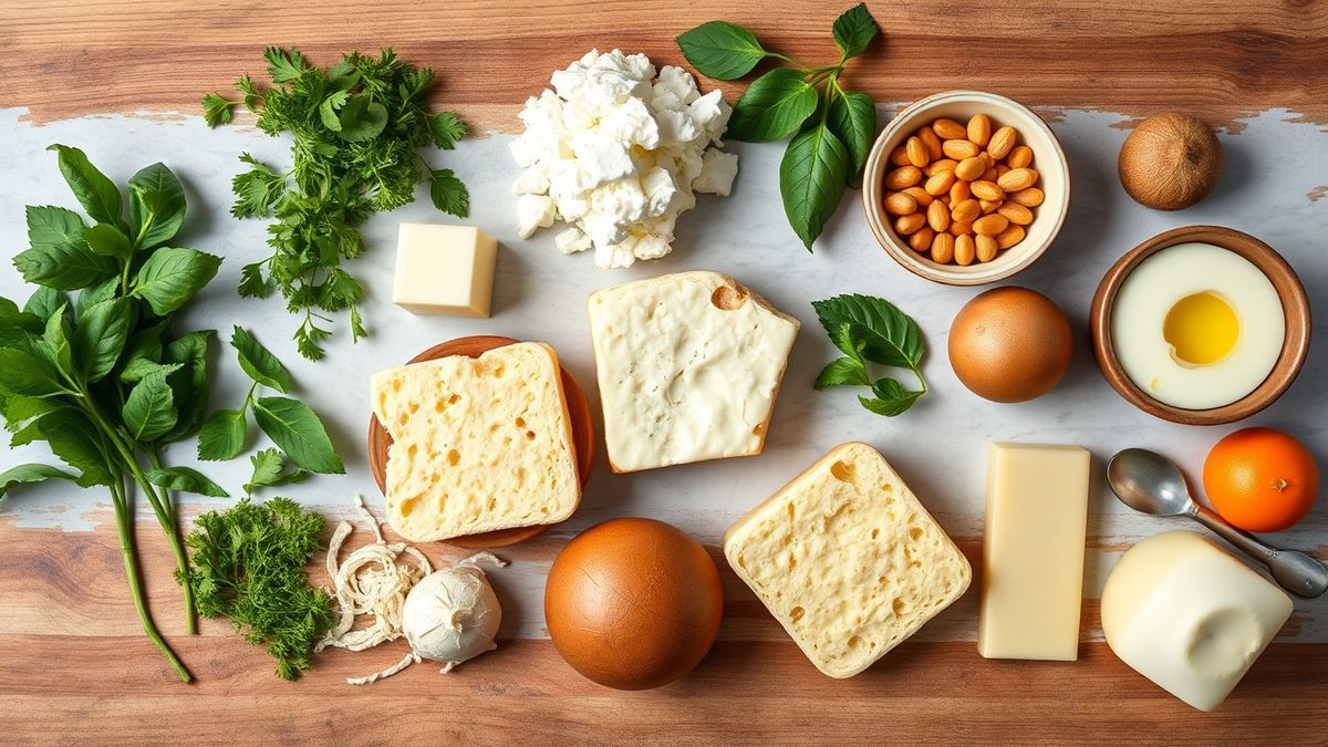 Visão de cima com polvilhos, ovos, leite, óleo/manteiga e queijos ralados organizados em uma bancada